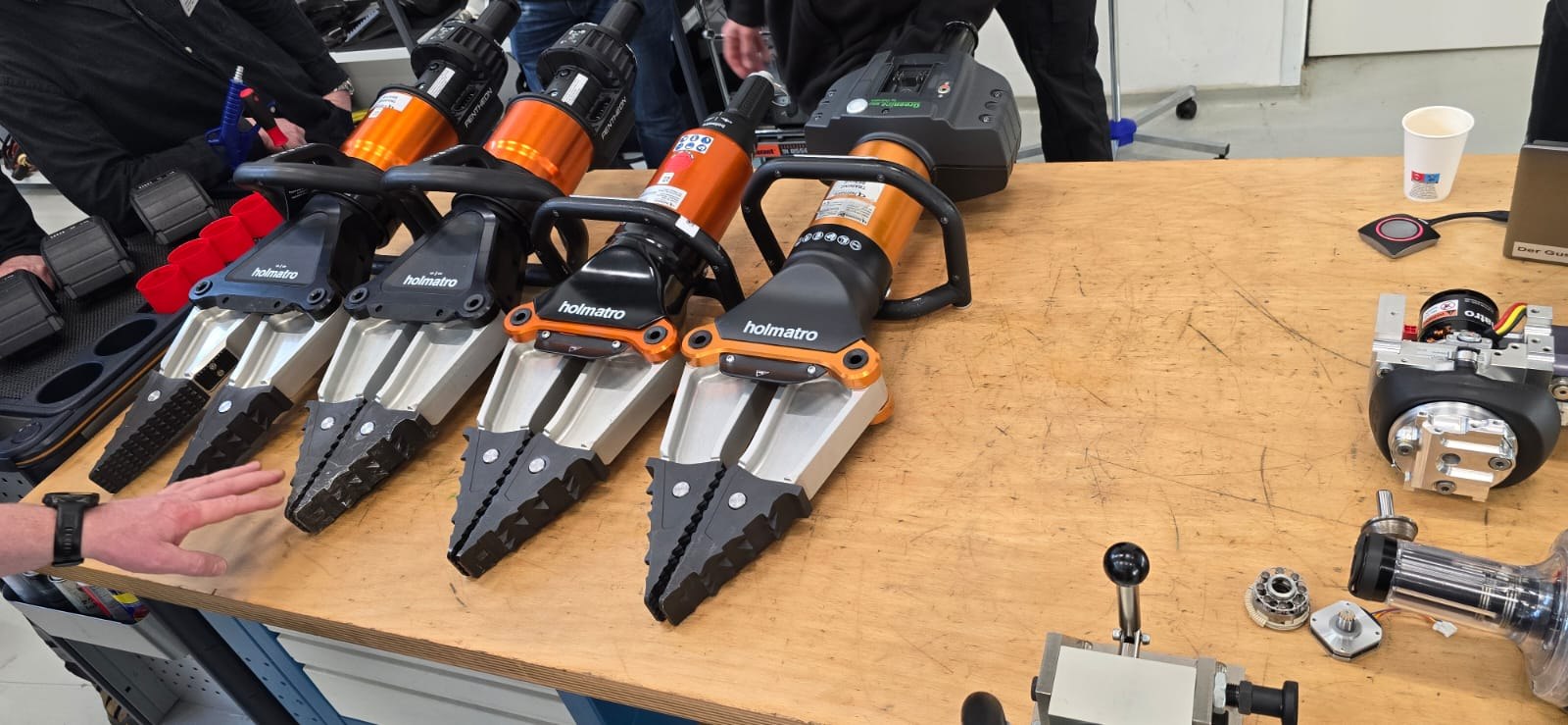 Holmatro cordless tool range on the bench